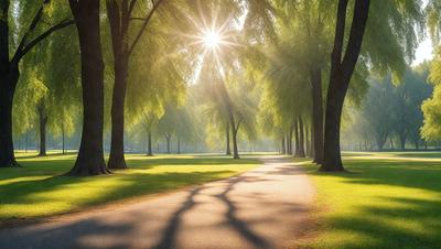 Primary subject: A tree-lined path with sunlight shining through the trees.

Setting/background: The path is surrounded by trees, creating a serene and natural atmosphere.

Visual style: The image is a photo of the path, capturing the beauty of the sunlight filtering through the trees.

Colors and mood: The dominant colors are green from the trees and sunlight, creating a warm and inviting mood.