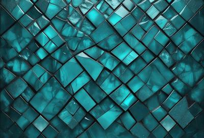 The primary subject of the image is a blue and green mosaic tile wall. The setting is a room with a blue and green color scheme. The visual style is a mosaic pattern, which gives the wall a unique and artistic appearance. The dominant colors are blue and green, creating a calming and serene atmosphere in the room.