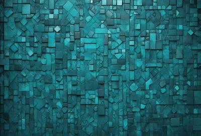 The primary subject of the image is a blue and green mosaic wall. The setting is a room with a blue and green wall, which serves as the background. The visual style is a combination of digital art and illustration, creating a unique and intricate pattern. The dominant colors are blue and green, giving the wall a vibrant and lively atmosphere.