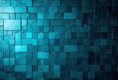The primary subject of the image is a blue tile wall with a pattern of blue squares. The setting is a room with a blue tile wall as the main focus. The visual style is a close-up of the blue tile wall, showcasing the intricate pattern of the blue squares. The colors and mood of the image are predominantly blue, creating a calm and serene atmosphere.