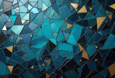 The primary subject of the image is a blue and gold mosaic tile. The setting is a blue background, and the visual style is a close-up of the tile. The colors and mood of the image are predominantly blue and gold, creating a vibrant and elegant atmosphere.