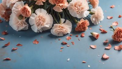 The primary subject of the image is a bouquet of flowers. The flowers are scattered across a blue surface, which could be a table or a counter. The setting appears to be indoors, with the flowers being the main focus of the scene. The visual style of the image is a close-up of the flowers, showcasing their details and beauty. The colors of the flowers are predominantly pink, creating a warm and inviting atmosphere.