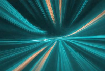 The primary subject of the image is a blue and white tunnel. The setting is a dark tunnel with a blue background. The visual style is a digital art or illustration, creating a futuristic and dynamic atmosphere. The dominant colors are blue and white, with the blue background and white tunnel, giving the image a sense of speed and motion.