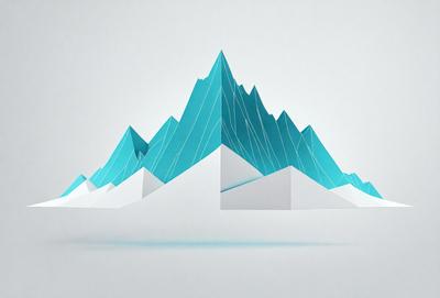 The primary subject of the image is a mountain, which is depicted in a 3D digital art style. The mountain is surrounded by a white background, giving it a clean and minimalist appearance. The visual style of the image is a combination of digital art and illustration, creating a unique and eye-catching representation of the mountain. The dominant colors in the image are blue and white, which contribute to the overall mood of the scene.