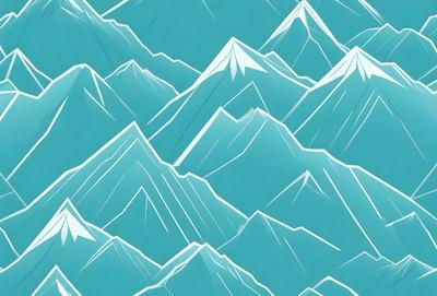 The primary subject of the image is a mountain range, with a blue sky serving as the backdrop. The visual style is a combination of digital art and illustration, creating a detailed and intricate mountain landscape. The dominant colors are blue and white, giving the scene a serene and calming atmosphere.