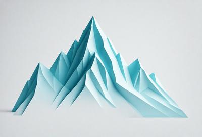 The primary subject of the image is a large, three-dimensional paper cutout of a mountain. The mountain is made up of several layers of paper, giving it a textured and detailed appearance. The setting is a white background, which provides a clean and uncluttered environment for the mountain to stand out. The visual style of the image is a combination of digital art and paper cutout, creating a unique and eye-catching representation of the mountain. The colors and mood of the image are predominantly blue and white,