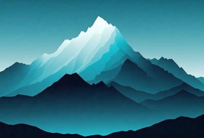 The primary subject of the image is a large, snow-covered mountain. The mountain is the main focus of the image, and it is set against a blue sky. The visual style of the image is a digital art or illustration, with the mountain and sky depicted in a detailed and realistic manner. The colors and mood of the image are predominantly blue, creating a serene and peaceful atmosphere.