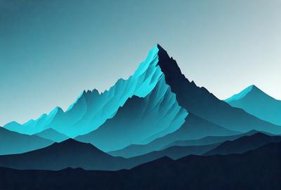 The primary subject of the image is a large, blue mountain with a snowy peak. The mountain is the main focus of the image, and it is set against a dark blue sky. The visual style of the image is digital art, as it appears to be a computer-generated or digitally manipulated image. The dominant colors in the image are blue and white, creating a serene and majestic atmosphere.