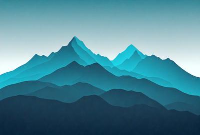 The primary subject of the image is a mountain range, with a blue sky serving as the backdrop. The visual style appears to be a digital art or illustration, as the mountains are depicted in a stylized manner. The dominant colors in the image are blue and gray, creating a serene and calming atmosphere.