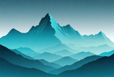 The primary subject of the image is a mountain range with a blue sky in the background. The setting is a mountainous landscape with a large mountain in the foreground. The visual style is a digital art or illustration, creating a sense of depth and beauty in the scene. The colors and mood are predominantly blue, giving the image a serene and tranquil atmosphere.