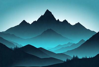 The primary subject of the image is a mountain range with a blue sky in the background. The setting is a mountainous landscape, and the visual style is a combination of digital art and illustration. The dominant colors are blue and gray, creating a serene and peaceful atmosphere.