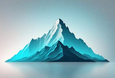 The primary subject of the image is a large, blue, snow-covered mountain. The mountain is the main focus of the image, and it is set against a blue sky. The visual style of the image is digital art, as it appears to be a computer-generated or digitally rendered mountain. The colors and mood of the image are predominantly blue, giving it a cool and serene atmosphere.