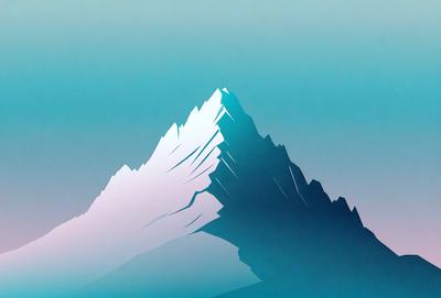 The primary subject of the image is a large, snow-covered mountain. The mountain is the main focus of the image, and it is set against a blue sky. The visual style of the image is a digital art or illustration, giving it a unique and artistic appearance. The dominant colors in the image are blue and white, creating a serene and majestic atmosphere.