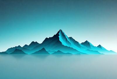 The primary subject of the image is a mountain range, which is depicted in a digital art style. The setting is a vast, blue ocean, with the mountain range rising up from the water. The visual style gives the impression of a futuristic or fantastical landscape. The dominant colors are blue and purple, creating a serene and calming atmosphere.