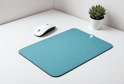 The primary subject of the image is a computer mouse and mouse pad. The mouse pad is blue and placed on a white surface. The mouse is positioned on the mouse pad, and a potted plant is visible in the background. The visual style of the image is a photo, and the colors and mood are predominantly white and blue, creating a clean and organized appearance.