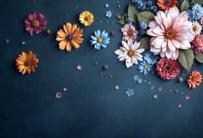 The primary subject of the image is a beautiful arrangement of flowers, including pink, blue, and white flowers, placed on a blue background. The setting appears to be a still life, with the flowers as the main focus. The visual style of the image is a combination of photo and digital art, creating a vibrant and lively atmosphere. The dominant colors in the image are blue, pink, and white, which contribute to the overall mood of the scene.