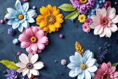 The primary subject of the image is a close-up of a variety of flowers, including pink, yellow, and blue ones. The flowers are arranged in a visually appealing manner, creating a sense of harmony and beauty. The setting is a blue surface, which serves as a striking backdrop for the flowers. The visual style of the image is a combination of photo and digital art, resulting in a vibrant and detailed representation of the flowers. The colors and mood of the image are predominantly warm and inviting