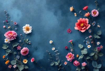 The primary subject of the image is a beautiful bouquet of flowers, which are arranged in a vase and placed on a blue surface. The setting appears to be a painting or a digital artwork, as the flowers are depicted in a visually appealing manner. The visual style is a mix of realism and artistic expression, creating a vibrant and lively atmosphere. The colors and mood of the image are predominantly blue and pink, which adds a sense of freshness and warmth to the scene.