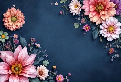 The primary subject of the image is a beautifully drawn floral arrangement, featuring a variety of flowers in different colors. The setting is a blue background, which adds a sense of depth and contrast to the artwork. The visual style is a combination of digital art and illustration, creating a vibrant and detailed scene. The colors and mood of the image are lively and cheerful, with the flowers and blue background creating a sense of freshness and natural beauty.