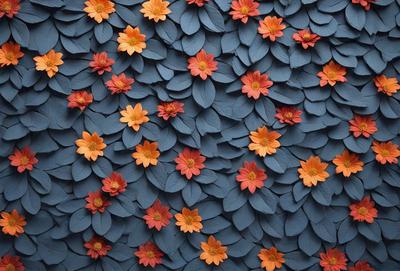 The primary subject of the image is a large collection of flowers, predominantly red and orange, arranged in a visually appealing manner. The flowers are displayed on a blue surface, which adds a contrasting element to the scene. The visual style of the image is a combination of photo and digital art, creating a vibrant and lively atmosphere. The dominant colors of the flowers and the blue surface evoke a sense of warmth and energy, making the image both visually striking and emotionally engaging.