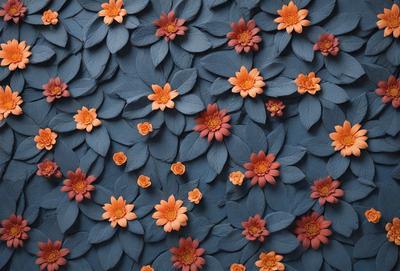 The primary subject of the image is a blue background with a pattern of orange flowers. The flowers are scattered across the blue surface, creating a visually appealing and vibrant scene. The setting appears to be a digital art or illustration, as the flowers are depicted in a detailed and intricate manner. The overall atmosphere is lively and cheerful, with the combination of blue and orange colors evoking a sense of freshness and warmth.