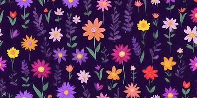 The primary subject of the image is a pattern of colorful flowers, including purple, yellow, and orange, arranged in a visually appealing manner. The setting is a black background, which contrasts with the vibrant colors of the flowers. The visual style is a combination of digital art and illustration, creating a unique and eye-catching design. The dominant colors in the image are purple, yellow, and orange, which contribute to a cheerful and lively atmosphere.