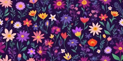 The primary subject of the image is a colorful floral pattern, featuring a variety of flowers in different colors. The setting is a black background, which contrasts with the vibrant flowers. The visual style is a combination of digital art and illustration, creating a lively and eye-catching design. The dominant colors in the image are purple, yellow, and orange, giving the pattern a cheerful and warm atmosphere.