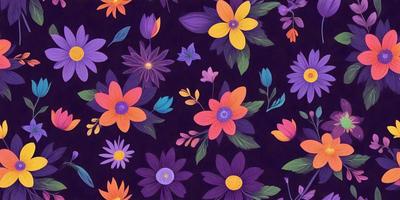 The primary subject of the image is a pattern of colorful flowers, including yellow, purple, and orange, arranged in a visually appealing manner. The setting is a black background, which contrasts with the vibrant colors of the flowers. The visual style is a combination of digital art and illustration, creating a unique and eye-catching design. The dominant colors in the image are purple, yellow, and orange, which contribute to a lively and cheerful atmosphere.