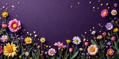 Primary subject: Flowers
Setting/background: Purple wall
Visual style: Digital art
Colors and mood: Pink, yellow, and white flowers, creating a cheerful and vibrant atmosphere.