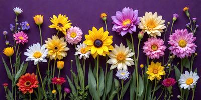 The primary subject of the image is a bouquet of colorful flowers, including yellow, pink, and purple ones. The flowers are arranged in a visually appealing manner, creating a vibrant and lively scene. The setting is a purple wall, which serves as a striking backdrop for the flowers. The visual style of the image is a close-up of the flowers, showcasing their details and beauty. The colors and mood of the image are predominantly warm and cheerful, with the flowers