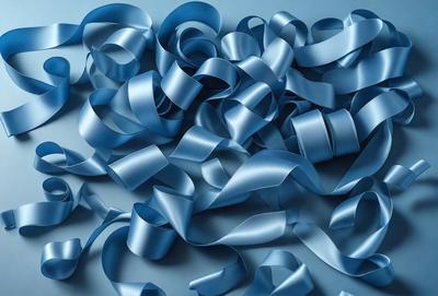 The primary subject of the image is a blue ribbon or fabric, which is the main object, scene, or focus of the image. The ribbon is wavy and appears to be made of fabric. The setting or background of the image is a blue surface, which could be a wall or a table. The visual style of the image is a painting, as it is a detailed and artistic representation of the blue ribbon. The colors and mood of the image are predominantly blue, creating a calm and serene atmosphere.