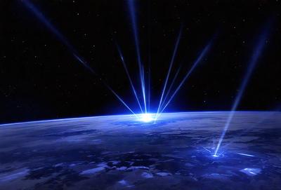 The primary subject of the image is a blue planet with a bright light in the sky. The setting is a night sky, and the visual style appears to be a photo. The colors are predominantly blue, and the mood is serene and peaceful.