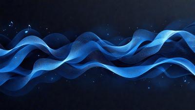 The primary subject of the image is a blue wave or ripple pattern, which appears to be a digital art or illustration. The setting is a dark background, which contrasts with the blue wave. The visual style gives the impression of a futuristic or space-themed design. The dominant colors are blue and black, creating a calm and serene atmosphere.