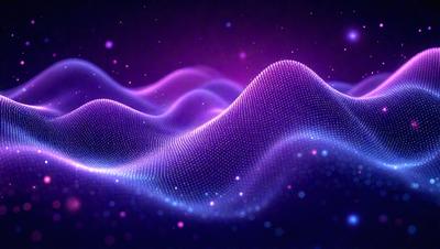 The primary subject of the image is a purple and blue wave pattern, which appears to be a digital art or illustration. The setting is a dark background, and the visual style is a combination of digital art and a pattern. The dominant colors in the image are purple and blue, creating a calm and soothing atmosphere.