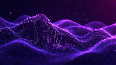 The primary subject of the image is a purple, three-dimensional wave pattern. The setting is a dark background, which contrasts with the purple wave. The visual style is a digital art or illustration, creating a futuristic and dynamic atmosphere. The dominant colors are purple and black, giving the image a moody and mysterious feel.