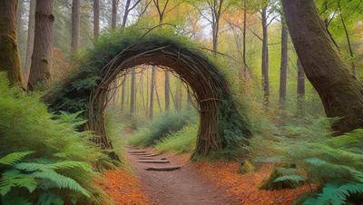 The primary subject of the image is a woven archway or tunnel made of tree branches, located in a forest setting. The archway is surrounded by trees, creating a natural and serene atmosphere. The visual style of the image is a photo, capturing the beauty of the woven structure and the surrounding environment. The colors and mood of the image are predominantly earthy tones, such as browns and greens, which evoke a sense of tranquility and connection to nature.