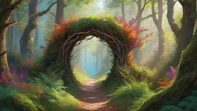 The primary subject of the image is a pathway through a forest, surrounded by trees and bushes. The setting is a lush, green forest with a variety of plants and trees. The visual style is a digital art or illustration, creating a vibrant and colorful atmosphere. The dominant colors are green, orange, and red, giving the scene a warm and inviting mood.