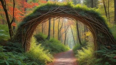 Primary subject: A pathway through a forest with trees and a woven archway.

Setting/background: The pathway is surrounded by trees, creating a serene and natural atmosphere.

Visual style: The image is a photo of the forest path.

Colors and mood: The photo is in black and white, giving it a classic and timeless feel. The forest is filled with autumn colors, adding a sense of warmth and tranquility to the scene.
