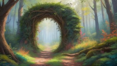 The primary subject of the image is a large, curved tree branch that forms a tunnel-like structure. The setting is a forest, with trees surrounding the area. The visual style is a combination of digital art and illustration, creating a unique and artistic representation of the scene. The colors and mood of the image are predominantly green, with a sense of tranquility and natural beauty.