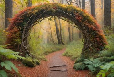 The primary subject of the image is a pathway surrounded by trees and a tunnel-like structure made of vines. The setting is a forest with a dirt road, and the visual style is a photo. The colors and mood of the image are warm and inviting, with the vibrant colors of the trees and the natural environment creating a sense of tranquility and beauty.