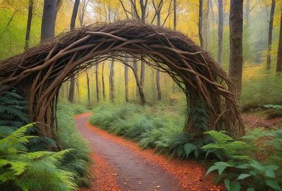 The primary subject of the image is a woven structure, possibly a bridge or an arch, made of tree branches. The setting is a forest, with trees surrounding the woven structure. The visual style appears to be a photo, capturing the natural environment and the unique design of the woven structure. The colors and mood of the image are warm and inviting, with the orange and yellow hues of the tree branches and the overall atmosphere of the forest.