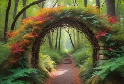The primary subject of the image is a pathway surrounded by trees and bushes. The setting is a forest with a dirt road, and the visual style is a painting. The colors and mood of the image are warm and inviting, with the sunlight shining through the trees and creating a serene atmosphere.