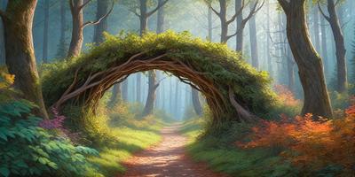 The primary subject of the image is a tree-lined pathway, which appears to be a part of a forest. The setting is a natural environment with trees and a dirt road. The visual style of the image is a digital art or illustration, creating a sense of depth and intricacy in the scene. The colors and mood of the image are predominantly green, with a touch of red, which adds a sense of warmth and life to the forest setting.