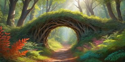 The primary subject of the image is a tree-lined pathway, which appears to be a part of a forest. The setting is a lush green forest with trees surrounding the path. The visual style of the image is a combination of photo and digital art, creating a realistic yet artistic representation of the scene. The colors and mood of the image are predominantly green, with a sense of tranquility and natural beauty.