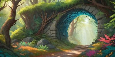 The primary subject of the image is a stone archway, which is part of a forest setting. The archway is blue and appears to be a part of a tree. The visual style of the image is digital art, and the colors and mood are lush and serene.