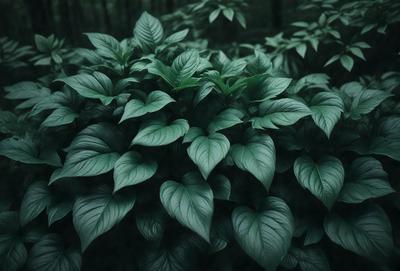 The primary subject of the image is a large green plant with many leaves. The plant is growing in a forest, surrounded by trees. The visual style of the image is a close-up of the plant, showcasing its intricate details. The colors and mood of the image are predominantly green, creating a serene and natural atmosphere.