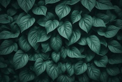 The primary subject of the image is a large group of green leaves, which are the main objects in the scene. The leaves are arranged in a dense, leafy pattern, creating a visually striking and lush background. The setting appears to be a dark, leafy forest, with the leaves covering the entire frame. The visual style of the image is a close-up of the leaves, emphasizing their intricate details and textures. The dominant colors in the image are green, which is the color of the leaves, and the dark