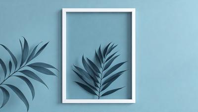 The primary subject of the image is a picture of a leaf, which is displayed in a white frame. The leaf is depicted in a blue background, giving the image a vibrant and lively appearance. The visual style of the image is a combination of a photo and a drawing, creating a unique and artistic representation of the leaf. The colors and mood of the image are predominantly blue and green, with a touch of brown, which gives the scene a calm and serene atmosphere.