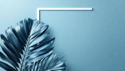 The primary subject of the image is a large, blue-green palm leaf. The leaf is prominently displayed against a blue wall, creating a striking contrast. The visual style of the image is a close-up of the palm leaf, showcasing its intricate details. The colors and mood of the image are predominantly blue and green, giving it a calm and serene atmosphere.