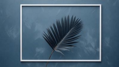 The primary subject of the image is a large, dark blue feather. The setting is a blue wall, which serves as the backdrop for the feather. The visual style is a close-up of the feather, showcasing its details. The colors and mood of the image are predominantly dark and moody, with the blue feather being the main focal point.